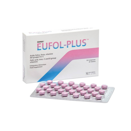 EUFOL-PLUS Iron (Ferrous Bisglycinate),Folic Acid,Vitamin B6,Riboflavin (Vitamin B2),Cyanocobalamin ( Vitamin B12),Niacin,Calcium D-pantothenate 30 mg,400 mcg,1.4 mg,1.4 mg,2.5 mcg,16 mg,6 mg Tablets30?s