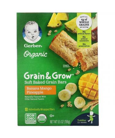 Gerber, Organic, Grain & Grow, Soft Baked Grain Bars, 12+ Months, Banana Mango Pineapple, 8 Individually Wrapped Bars, 0.68 oz