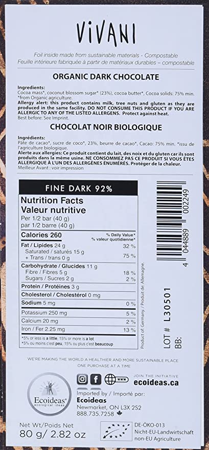 VIVANI FEINE BITTER 92% CACAO FINE DARK CHOCOLATE BAR 80G